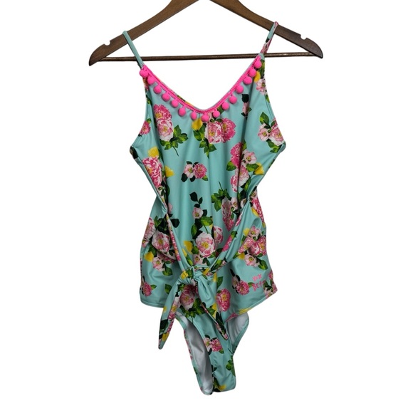 Betsey Johnson Other - Betsey Johnson Vibrant Pink and Blue Floral Pom Pom Swimsuit XL